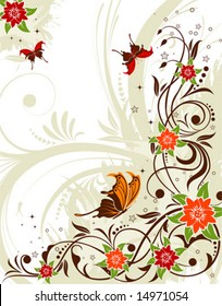 Grunge flower background with butterfly, element for design, vector illustration