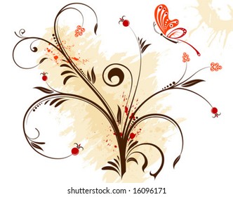 Grunge flower background with butterfly, element for design, vector illustration