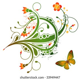 Grunge flower background with butterfly, element for design, vector illustration