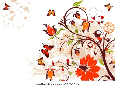 Grunge flower background with butterfly, element for design, vector illustration