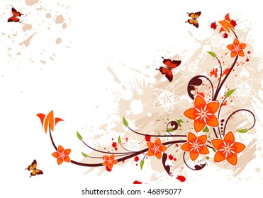 Grunge flower background with butterfly, element for design, vector illustration