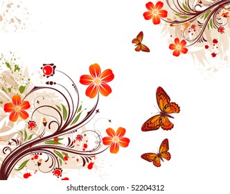 Grunge flower background with butterfly, element for design, vector illustration