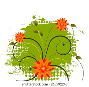 Grunge flower background with red flower and scroll, element for design, vector illustration