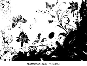 Grunge Flower Frame with butterfly, element for design, vector illustration