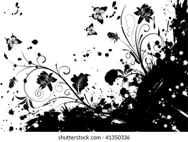 Grunge Flower Frame with butterfly, element for design, vector illustration