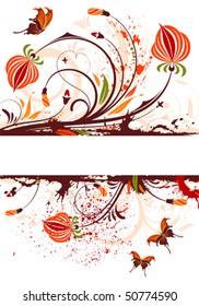 Grunge flower frame with butterfly, element for design, vector illustration