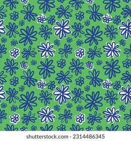 Grunge Flower Seamless Pattern in green background. Hand Drawn floral print featuring painted brush strokes perfect for fabric, textile, wallpaper, cover, web and wrapping paper. 