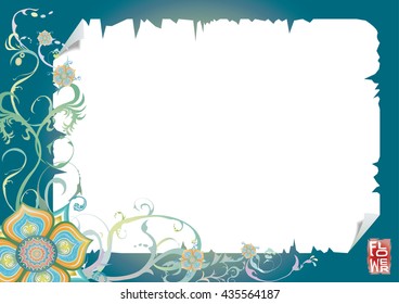 Grunge flowers abstract and ripped paper. Colorful vintage flowers. Flowers design in asian style.