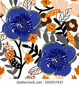 grunge flowers for cotton textile design. Vector seamless patter