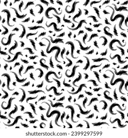 Grunge Fluffy seamless pattern with hand drawn fluffy feathers. Ornament for printing on fabric, cover and packaging. Simple black and white vector ornament isolated on white background