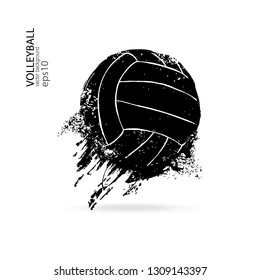 Grunge flying volleyball isolated on white background. Dirty vector element for sports design, print on T-shirt, splashes.