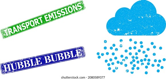 Grunge fog cloud icon and rectangle scratched Transport Emissions seal stamp. Vector green Transport Emissions and blue Hubble Bubble watermarks with scratched rubber texture,
