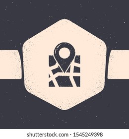 Grunge Folded map with location marker icon isolated on grey background. Monochrome vintage drawing. Vector Illustration