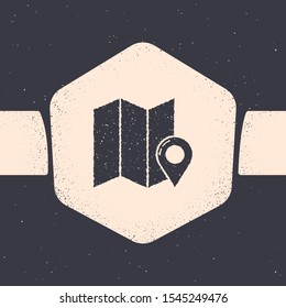 Grunge Folded map with location marker icon isolated on grey background. Monochrome vintage drawing. Vector Illustration