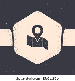 Grunge Folded map with location marker icon isolated on grey background. Monochrome vintage drawing. Vector Illustration