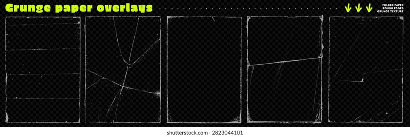 Grunge folded old paper frames overlays on dark transparent effect background. Ripped torn edges, scratched corners and creases with wrinkles. Old aged retro frames and borders texture bg.