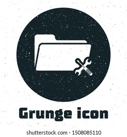 Grunge Folder with screwdriver and wrench icon isolated on white background. Adjusting, service, setting, maintenance, repair, fixing.  Vector Illustration