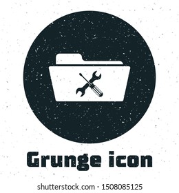 Grunge Folder with screwdriver and wrench icon isolated on white background. Adjusting, service, setting, maintenance, repair, fixing.  Vector Illustration