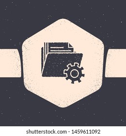 Grunge Folder settings with gears icon isolated on grey background. Software update, transfer protocol, teamwork tool management. Monochrome vintage drawing. Vector Illustration