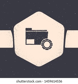 Grunge Folder settings with gears icon isolated on grey background. Software update, transfer protocol, teamwork tool management, copy process. Monochrome vintage drawing. Vector Illustration