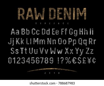 Grunge font with raw denim jeans texture . Rough textured vector alphabet. Vectors