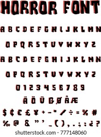 Grunge font - Stylized vector alphabet with red shadow, numbers, punctuation marks