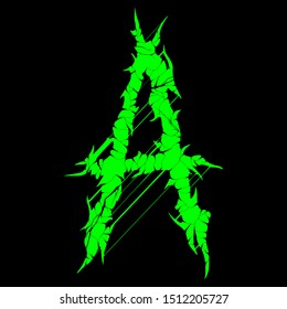 Grunge font.Green vector letter on black background.