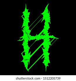 Grunge font.Green vector letter on black background.