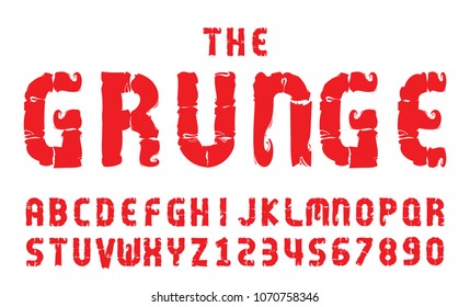 Grunge fonts alphabet letter. red type numbers vector illustration.