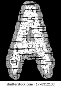 Grunge font.White threadbare uppercase letter on black background.