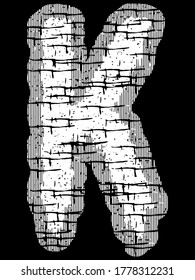 Grunge font.White threadbare uppercase letter on black background.