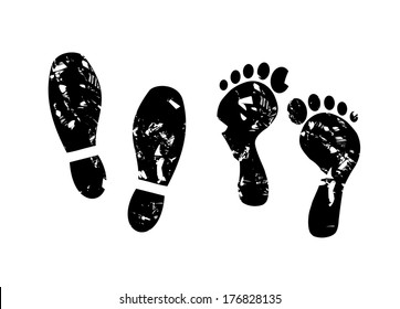 Grunge foot and shoe print vector