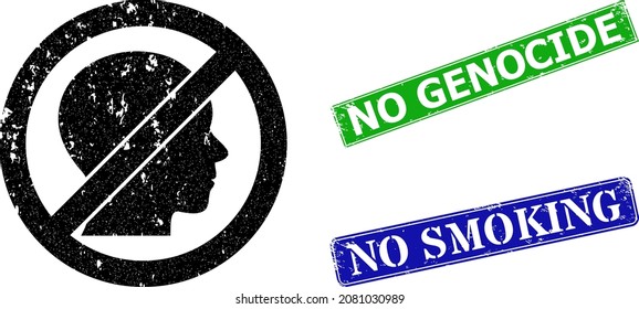 Grunge forbidden man icon and rectangular unclean No Genocide seal stamp. Vector green No Genocide and blue No Smoking seals with grunge rubber texture, designed for forbidden man illustration.