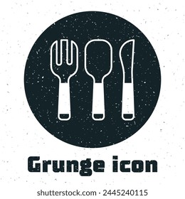 Grunge Fork, spoon and knife icon isolated on white background. Cooking utensil. Cutlery sign. Monochrome vintage drawing. Vector