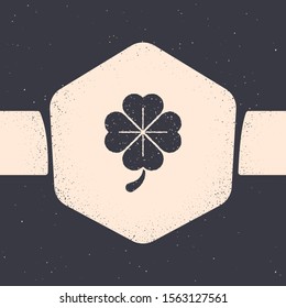 Grunge Four leaf clover icon isolated on grey background. Happy Saint Patrick day. Monochrome vintage drawing. Vector Illustration