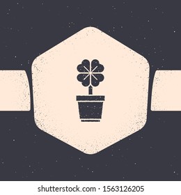 Grunge Four leaf clover in pot icon isolated on grey background. Happy Saint Patrick day. Monochrome vintage drawing. Vector Illustration