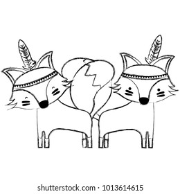 grunge fox animals couple together with feathers
