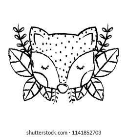 grunge fox head with exotic branches and leaves