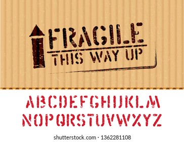 Grunge Fragile box sign stamp with arrow up on piece of carton for logistics or cargo and alphabet. Means: this way up, handle with care. Vector illustration