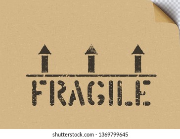 Grunge Fragile cargo stamp with arrows on craft cardboard paper background for logistics. Mean this way up, handle with care. Vector illustration