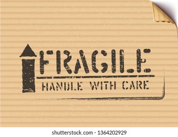 Grunge Fragile stamp with arrow up for logistics or cargo. Means: this way up, handle with care. Vector illustration with bent cardboard corner