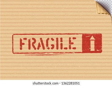 Grunge Fragile stamp for logistics or cargo. Means: this way up, handle with care. Vector illustration with bent cardboard corner