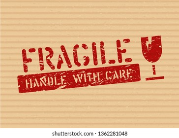 Grunge Fragile stamp on cardboard box for logistics or cargo. Means: do not crush, handle with care. Vector illustration