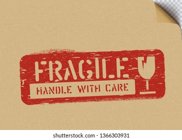 Grunge Fragile stamp on craft paper for logistics or cargo. Means: do not crush, handle with care. Vector illustration