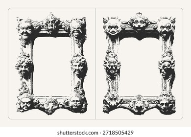 Grunge frame with antique masks vector black and white texture, perfect for posters, banners, and retro design.