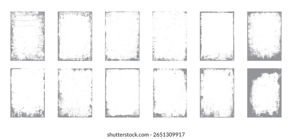 Feixe de moldura Grunge com bordas retangulares angustiadas para design. Coleção de sobreposição de borda áspera vintage em fundo branco. Conjunto de bordas texturizado sujo.
