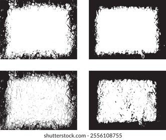 Grunge Frame Collection, Four Rectangular Frames with Distressed and Jagged Borders for Artistic Visual Displays