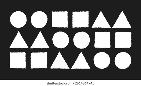 Grunge frame collection with triangle, round, square shapes. Brush stroke texture and stamp border effect. Handcrafted paint elements. Vector illustration.