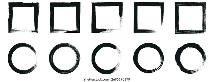 Coleção de quadros do Grunge. Borda de aterramento definida. Elementos de pacote de coleção de quadros de pincel de tinta preta.  Conjunto de vetores. Retângulos de aresta áspera de vetor preto. 