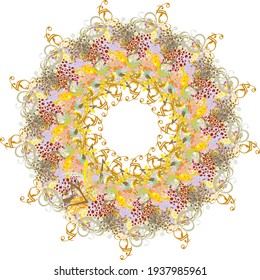 Grunge frame with colored floral and golden motifs. Abstract frame in the form of a flower with color drops and decorative elements for holidays, invitation cards, prints, wallpaper, textiles, etc.